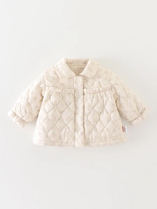 Winter floral quilted cotton jacket for toddlers with ruffled collar and button closure