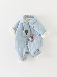 Quilted light blue baby romper with plush trim and cute duck toy for winter warmth