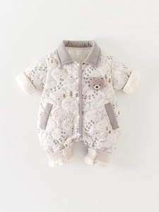 Thickened baby quilted romper with bear prints and corduroy collar for winter