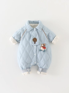 Baby quilted winter romper in light blue featuring a cute 3D duck and embroidery detail