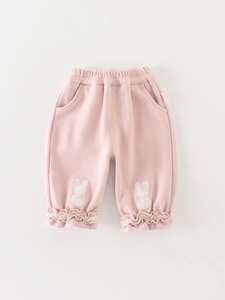 Winter toddler girl fleece outfit featuring pink pants with cute rabbit embroidery and ruffles