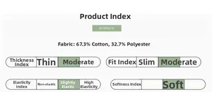 Detail showing 67.3% cotton material composition and fabric thickness index chart
