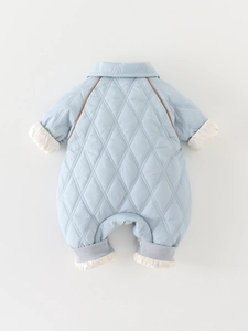 Padded light blue quilted baby romper with warm fleece lining and diamond pattern design