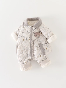 Thick quilted baby romper with forest print and 3D plush bear detail for winter