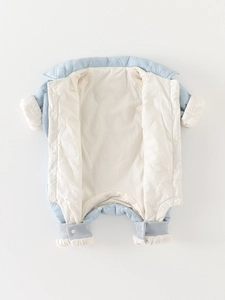 Thick light blue padded baby romper with warm quilted lining and snap buttons