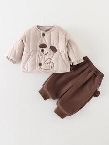 Baby Boys Winter Quilted Jacket Thick Warm Padded Outwear With Cartoon Dog Pattern Or Coffee Brown Pants Only For Toddlers