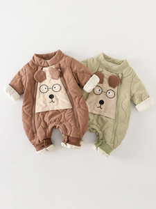 Infant Baby Thickened Quilted Romper Cartoon Bear Puppy Jumpsuit Double Zipper Winter Warm Outwear For Newborn Boys Girls
