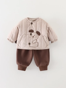 Quilted warm winter 2-piece outfit for baby boys featuring beige jacket and brown pants