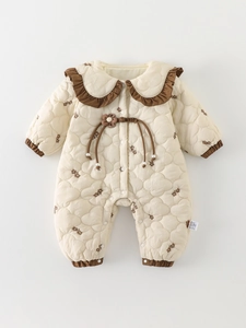 Combinaison Matelassée pour Bébé Fille Automne Hiver Barboteuse Rembourrée Vintage Fleurie Col Volanté Body Chaud