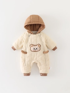 Infant Baby Winter Quilted Double Zipper Romper Jumpsuit Thick Fleece Hooded Cartoon Bear Warm Outwear For Toddler Boys