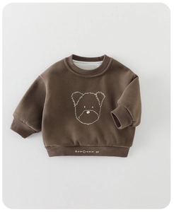 Detail of children's fleece sweatshirt showing bear print and ribbed elastic cuffs