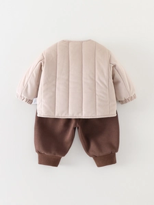 Thickened thermal toddler set with quilted beige jacket and dark brown pants