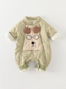 Thick quilted baby romper in sage green with a cute hound cartoon and double zipper