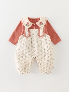 Baby Girl Floral Quilted Bodysuit Two Piece Set Peter Pan Collar Embroidered Thick Warm Winter Infant Romper Outfit