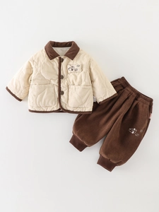 Toddler Boy Winter Quilted Jacket Corduroy Pants 2 Piece Set Korean Style Thick Warm Beige Outerwear Coffee Trousers Cartoon Embroidery