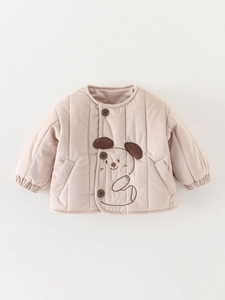 Thick quilted baby boys jacket with cute dog embroidery in soft beige corduroy