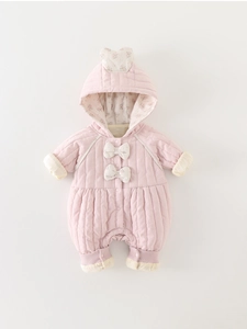 Baby Girl Quilted Hooded Romper Autumn Winter Warm Cotton Padded Jumpsuit Pink Floral Bow One Piece Toddler Bodysuit