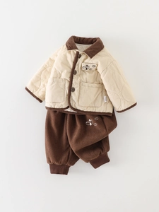 Winter quilted jacket and corduroy pants set for boys with airplane embroidery details