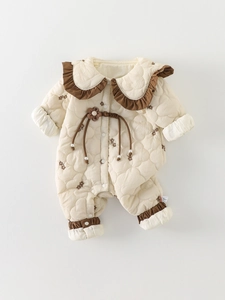 Barboteuse matelassée chaude bébé avec broderie florale brune et grand col chic