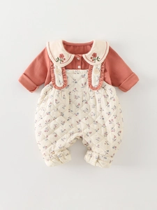Quilted floral baby romper set with cherry embroidered collar and long sleeve top