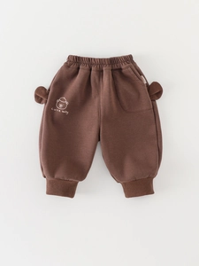 Thick warm dark coffee baby winter pants with cute 3D ears and bear print