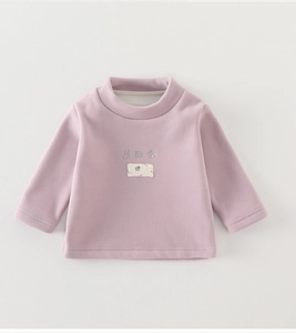 Detail of baby thermal fleece sweatshirt with embroidery and warm mock neck in lavender