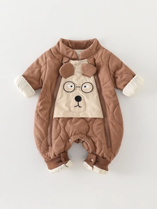 Thick quilted baby panda romper with cute bear design and dual side zippers for winter