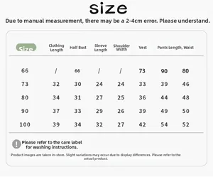 Detailed size chart for children three-piece set showing jacket, vest and pants dimensions