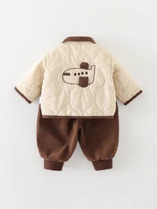Toddler boys quilted beige jacket with plane embroidery and corduroy pants set