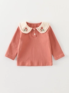 Baby girl floral bodysuit in warm pink with embroidered cherry collar and long sleeves