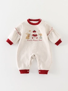 Padded long-sleeve baby romper in milky white with red trim and cute animal embroidery
