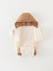 Winter infant jumpsuit in cream with brown hood and dual zipper closure for warmth