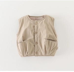 Detailed front view of a quilted khaki cotton vest for kids with wooden buttons