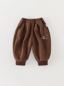 Winter dark brown corduroy trousers for boys with warm elastic waist and submarine embroidery
