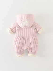 Pink padded baby romper with vertical quilting and cute floral ear hood for winter warmth