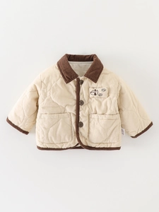 Winter padded baby quilted jacket in cream with brown corduroy collar and plane patch