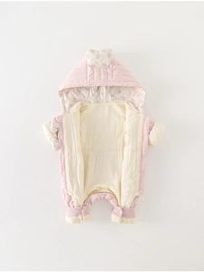 Pink quilted infant romper with floral hood lining and snap closure for winter warmth