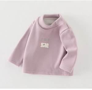 Close-up of lilac fleece lining and embroidery detail on warm baby thermal shirt