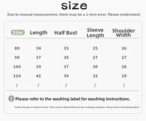 Detailed size chart for baby winter down jacket with measurements for sizes 80 to 110