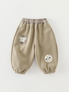 Girls Winter Warm Fleece Lined Trousers Cartoon Panda Plaid Patchwork Padded Casual Pants For Toddler Infants Bottoms