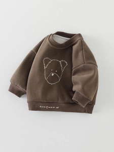 Brown fleece-lined toddler sweatshirt with cute bear print and ribbed cuffs for autumn
