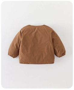 Detailed back view of kids quilted down jacket in dark camel with elastic cuffs