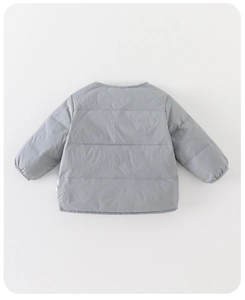Rear view of a grey baby down jacket featuring windproof fabric and ribbed cuffs