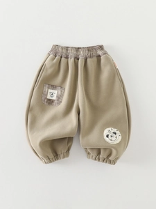 Girls warm khaki jogger pants with elastic waist and cute panda patch for winter
