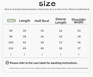 Detailed size guide for baby puffer jacket with length, chest, and sleeve measurements