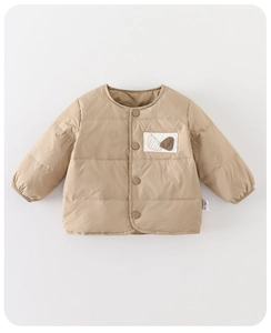 Detail of khaki quilted baby down jacket with round neck and snap button closure