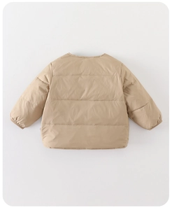 Back view of baby down jacket in khaki with horizontal quilting and ribbed cuffs
