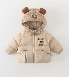 Close-up of baby winter hooded coat with cute 3D bear ears and warm sherpa lining detail