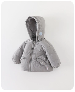 Detailed view of gray hooded down jacket for boys with cartoon planet prints