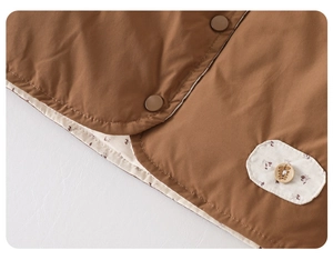 Detailed view of child's jacket hem with wood button, floral lining and snap closure